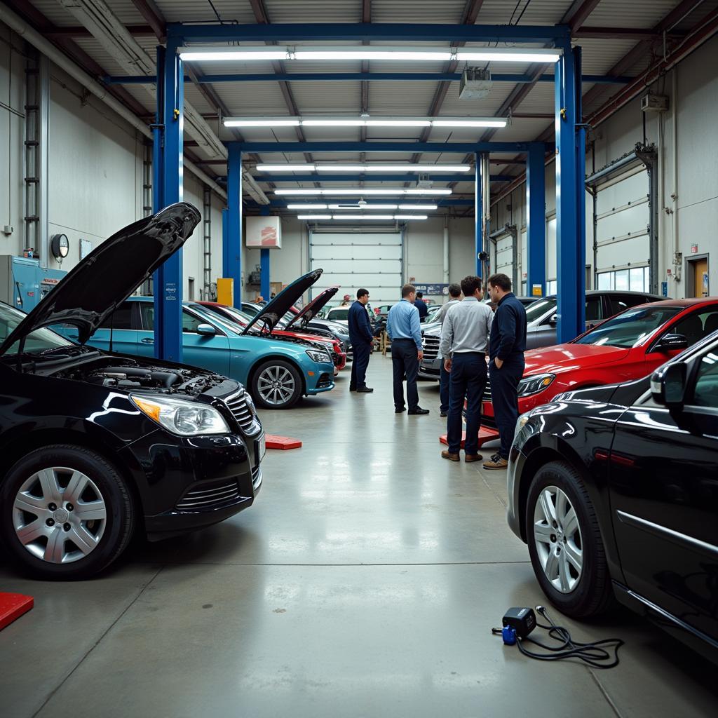 Busy car service center repair bay with mechanics working on various vehicles