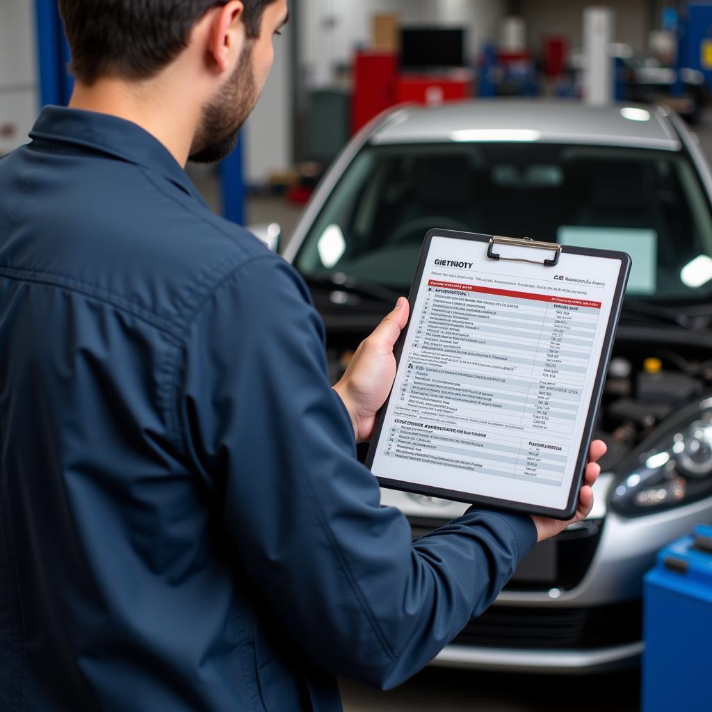 Mechanic reviewing a car service report