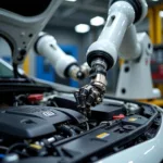 Robotic arm performing car maintenance