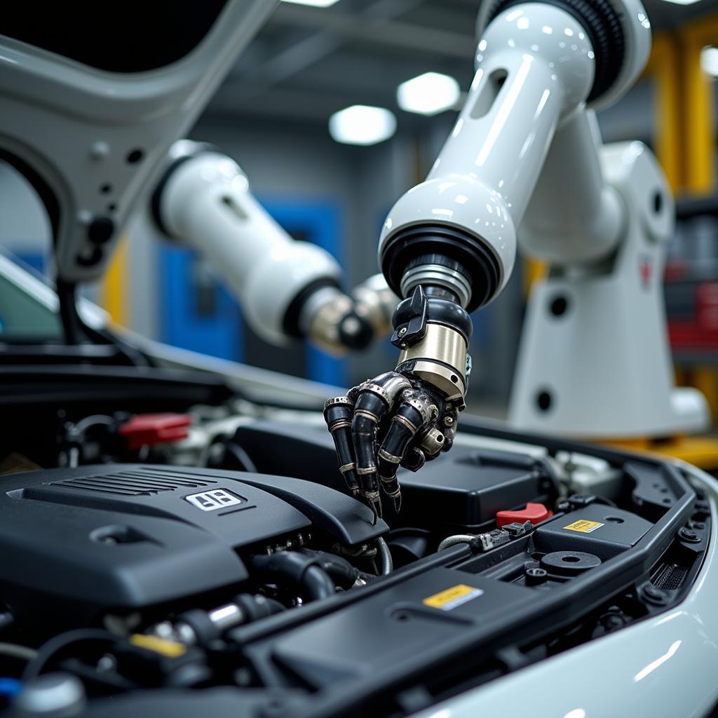 Robotic arm performing car maintenance