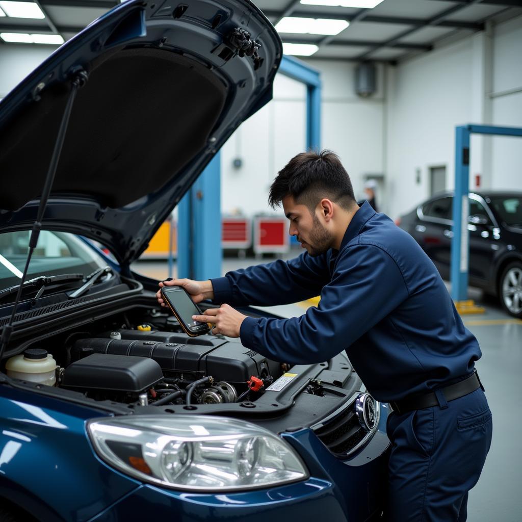 Mechanic checking a car engine in a Singapore car service centre