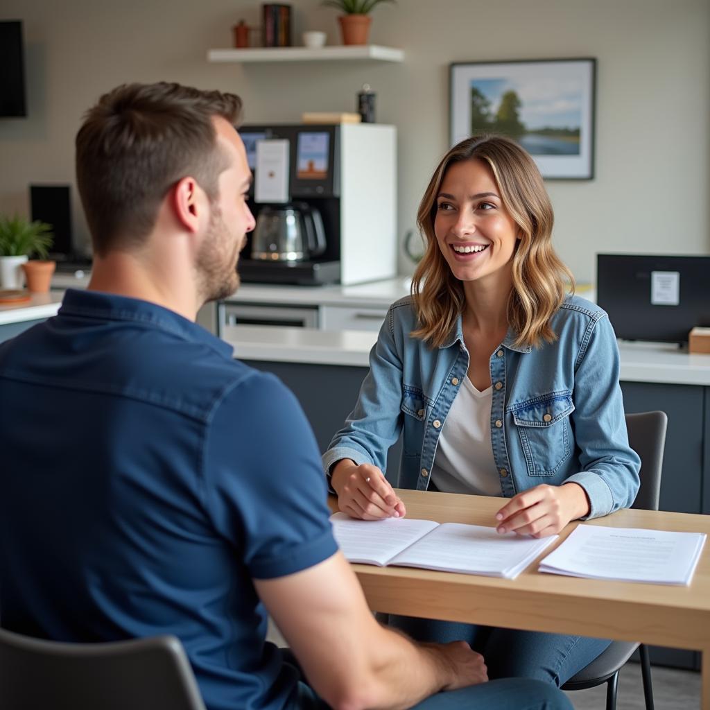 Friendly customer service representative discussing car repair options with a client in Stoke-on-Trent