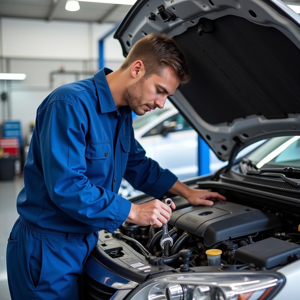 Mechanic working on a car in a well-equipped garage in Stoke-on-Trent