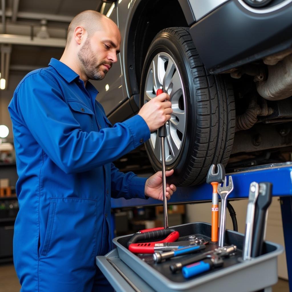 Car mechanic performing routine maintenance on a vehicle in Stoke-on-Trent