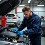 Car Service Technician Checking Engine