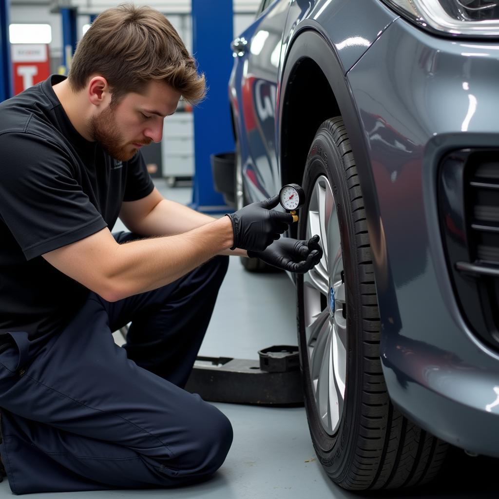 Car Service Technician Checking Tire Pressure