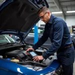 Car service technician diagnosing engine problems