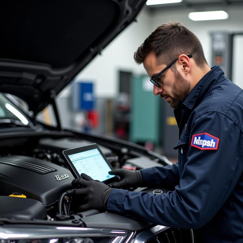  Experienced technician using diagnostic equipment on a luxury car