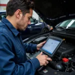 Experienced car service technician using diagnostic equipment