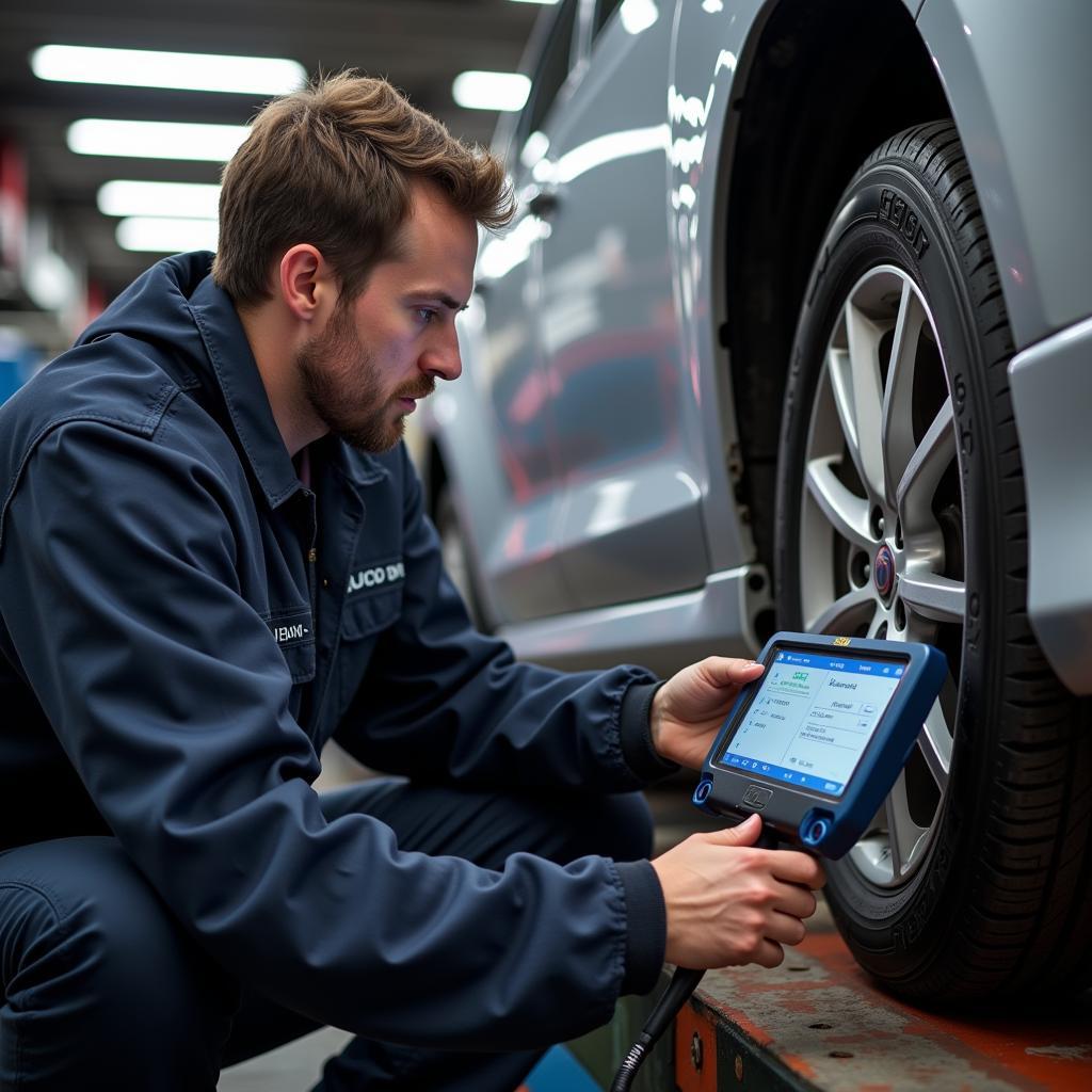 Car Service Technician Diagnosing Vehicle in Bedminster