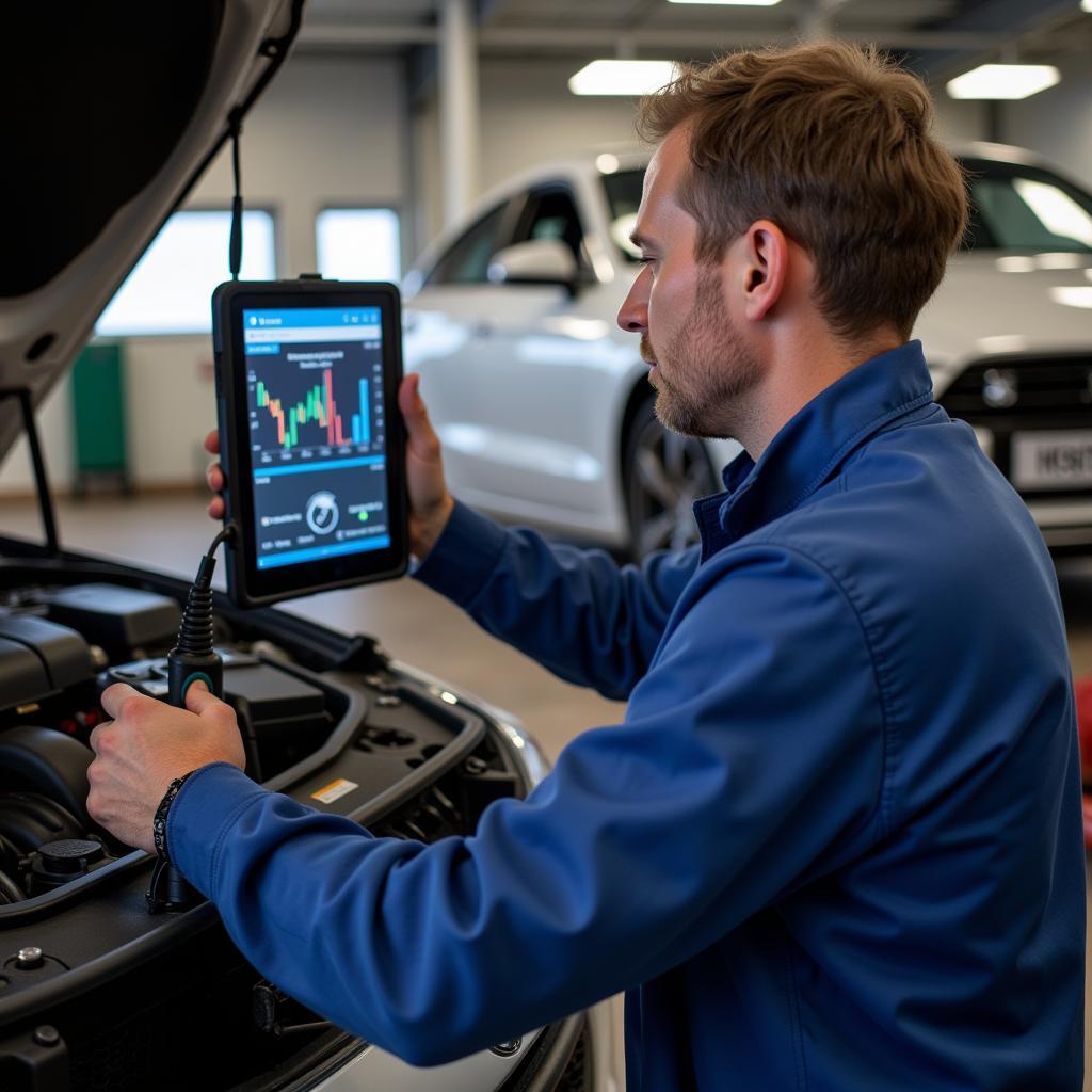 Car service technician using diagnostic equipment in Billingtons Flitwick