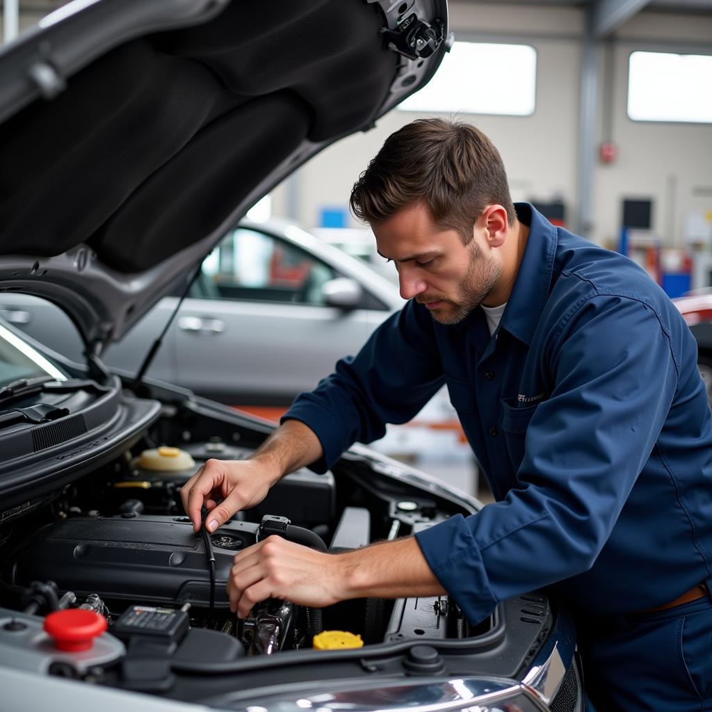 Car Service Technician Inspecting Engine