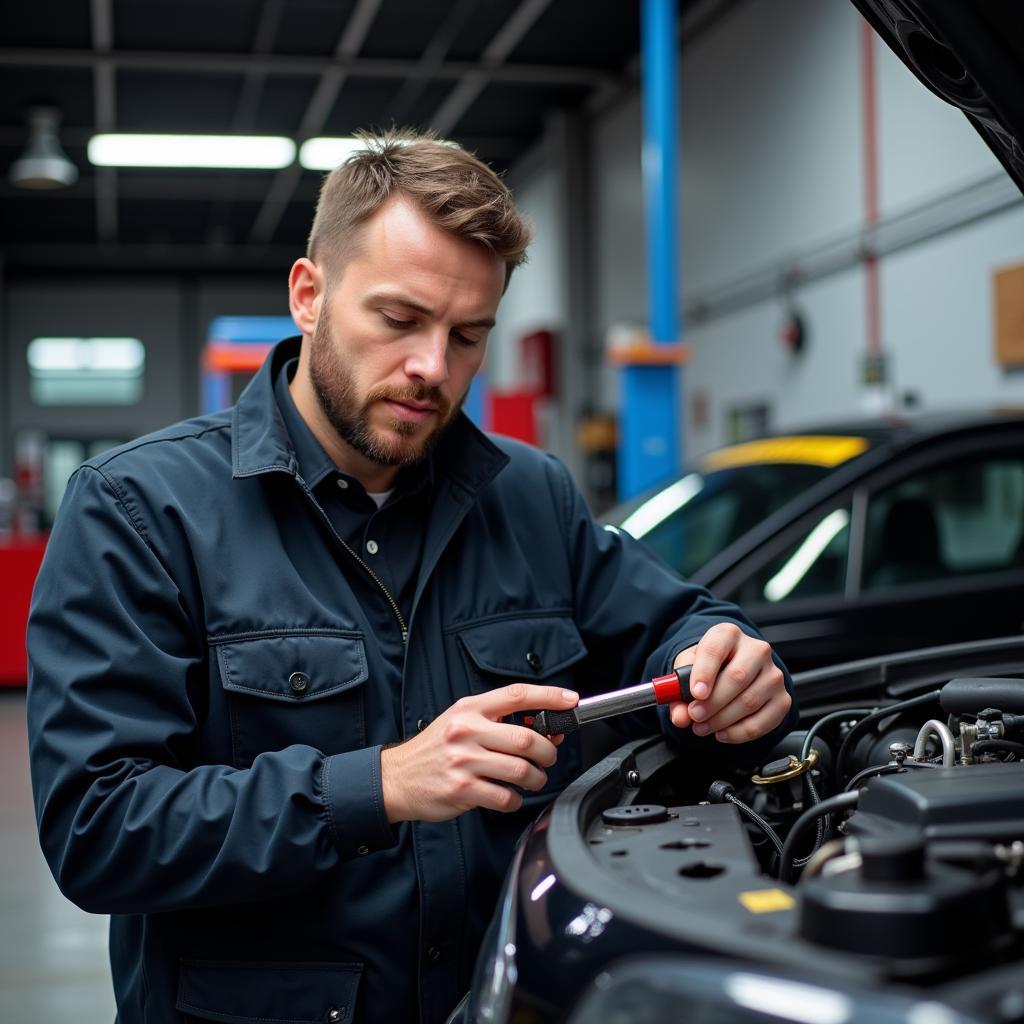 Car Service Technician Inspecting Vehicle