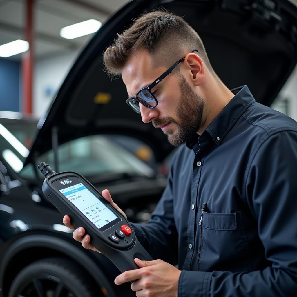 Skilled car service technician in Raipur using diagnostic equipment