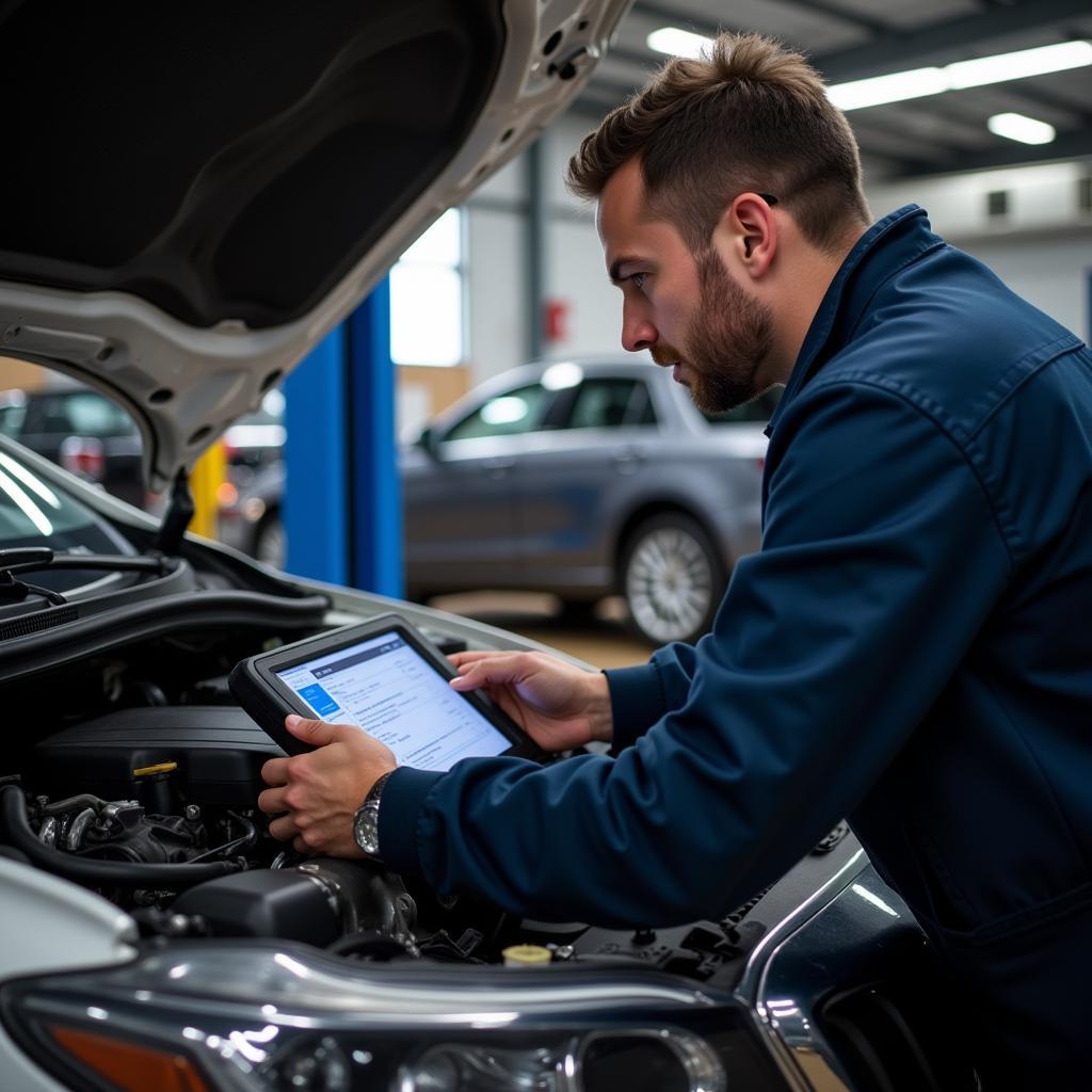 Car Service Technician Using Diagnostic Tool