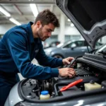 Car Service Technician Working on Engine