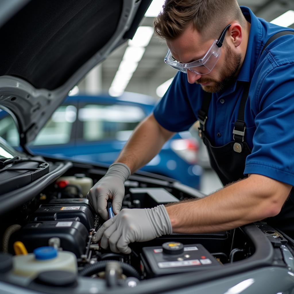 Car Service Technician Working on Engine