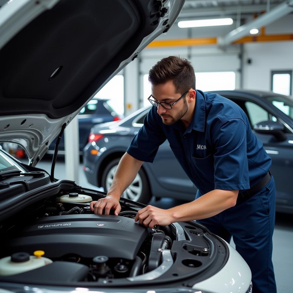 Car Service Technician Working on an Engine