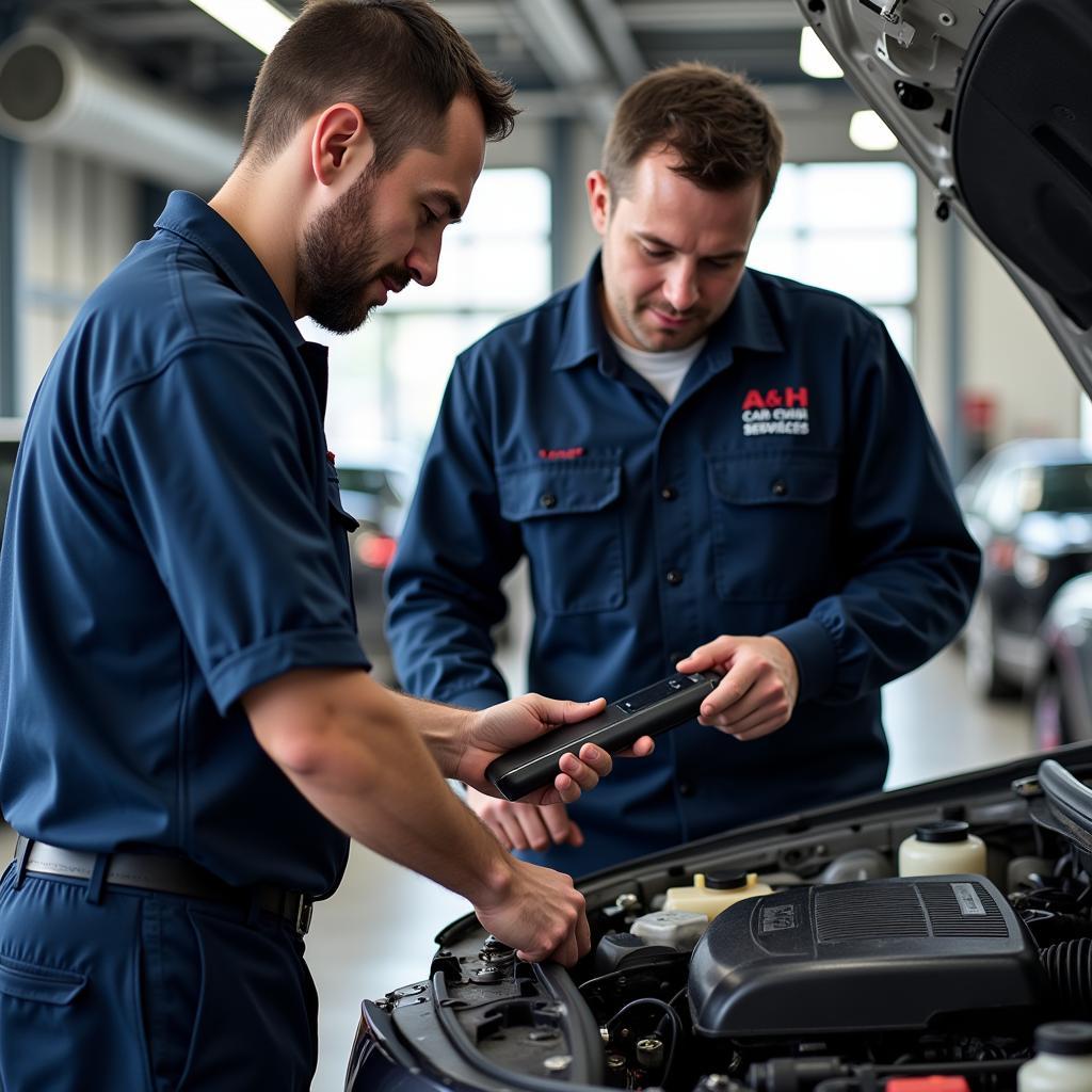 Qualified technicians working on a car at A&H Car Services