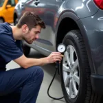 Technician checking tire pressure during car service