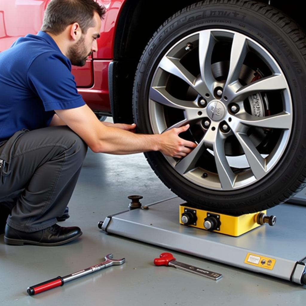 Mechanic Rotating Car Tires During Service