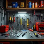 Car service tools neatly organized in a home garage