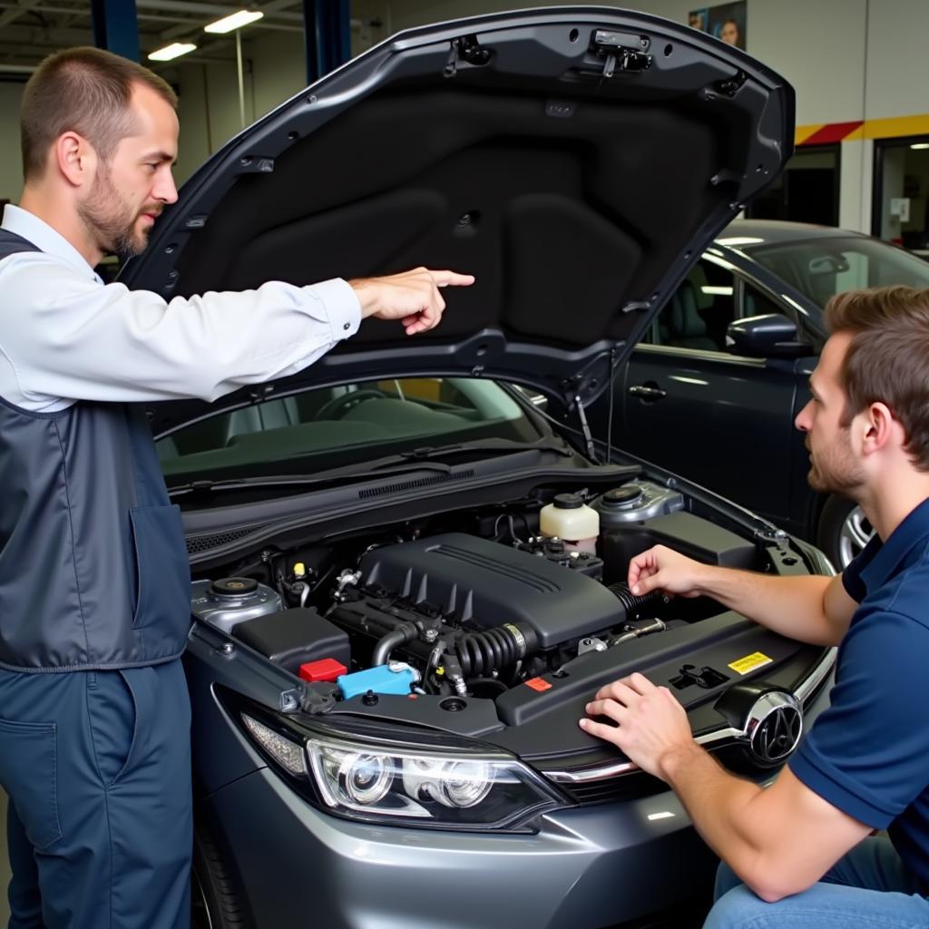 Mechanic explaining car repairs