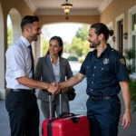 Car service valet assisting customer with luggage