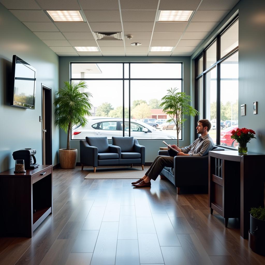 Customer waiting in a modern, comfortable car service waiting area