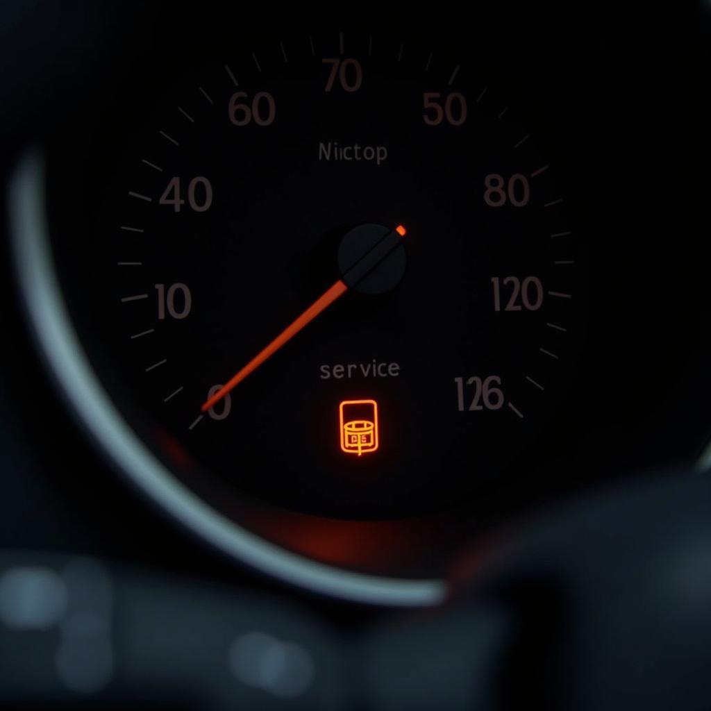 Car dashboard with service warning light illuminated.