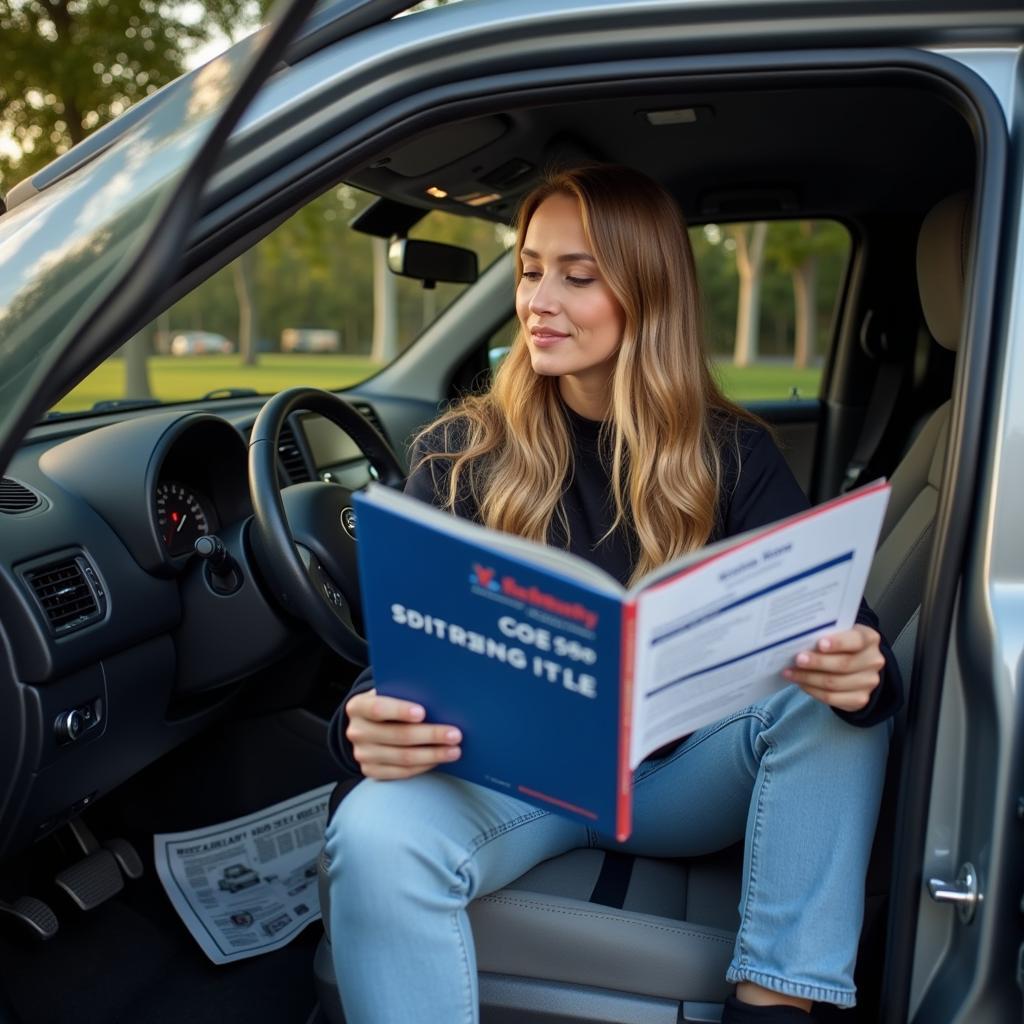 Car owner reading their warranty and service book