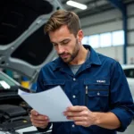 Mechanic Reviewing Car Service Records for Warranty