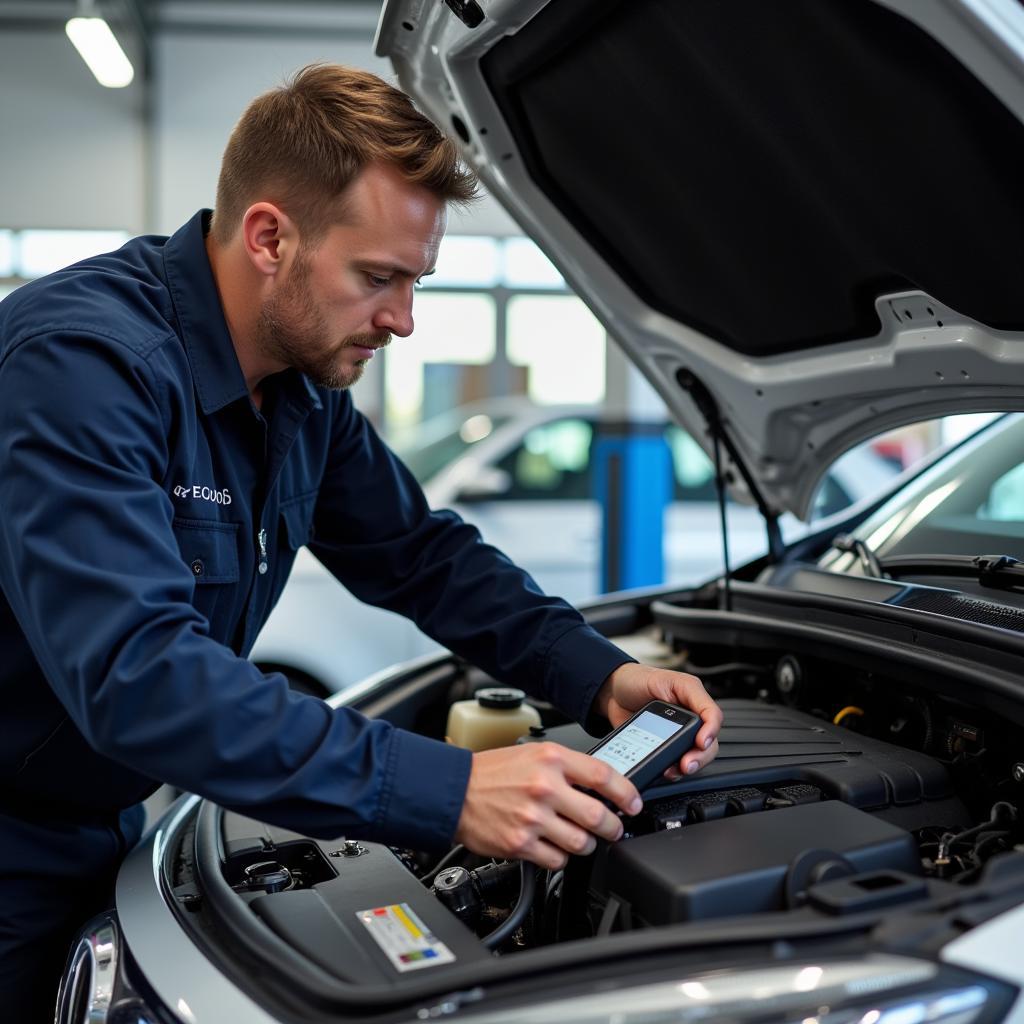 Car mechanic inspecting engine in Zurich garage