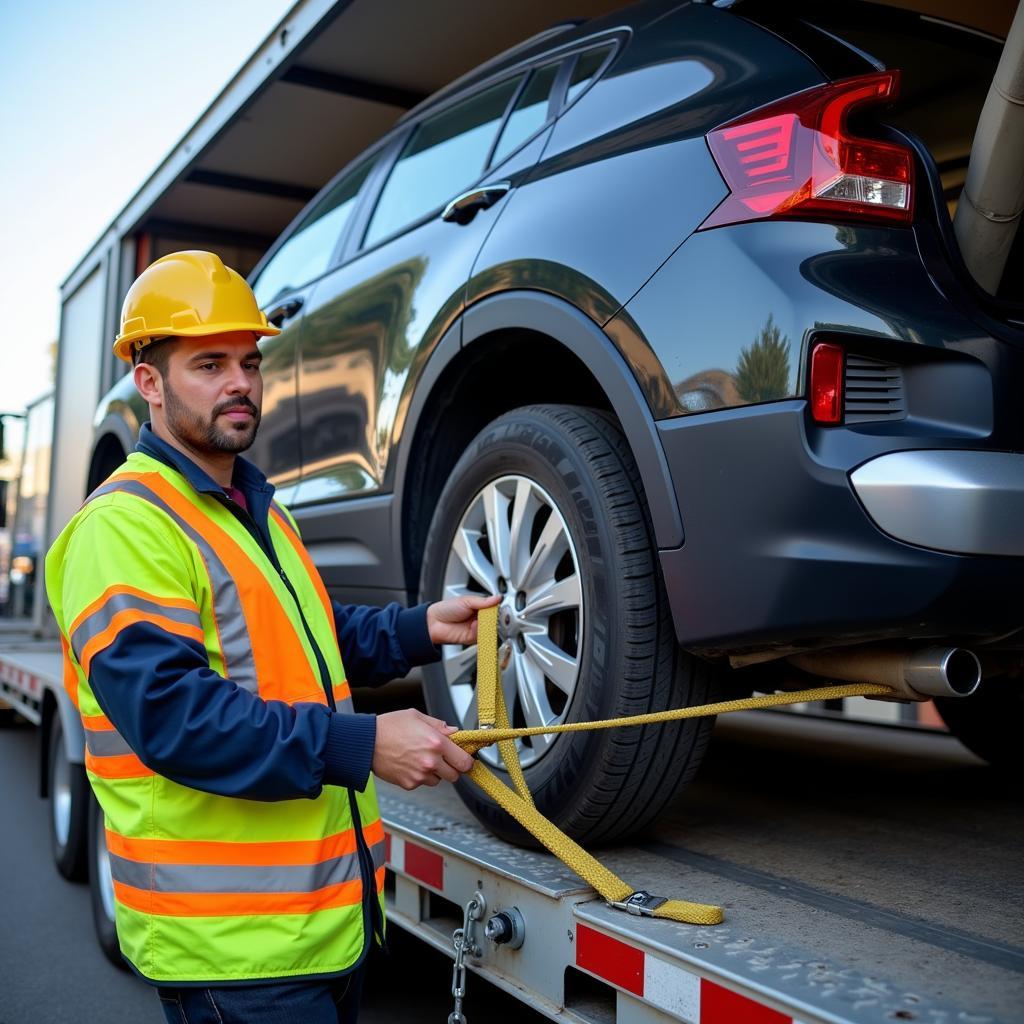 Car shipping driver securing a vehicle on a trailer