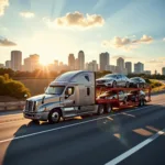 Car carrier truck transporting vehicles on a highway with the Boca Raton skyline in the background