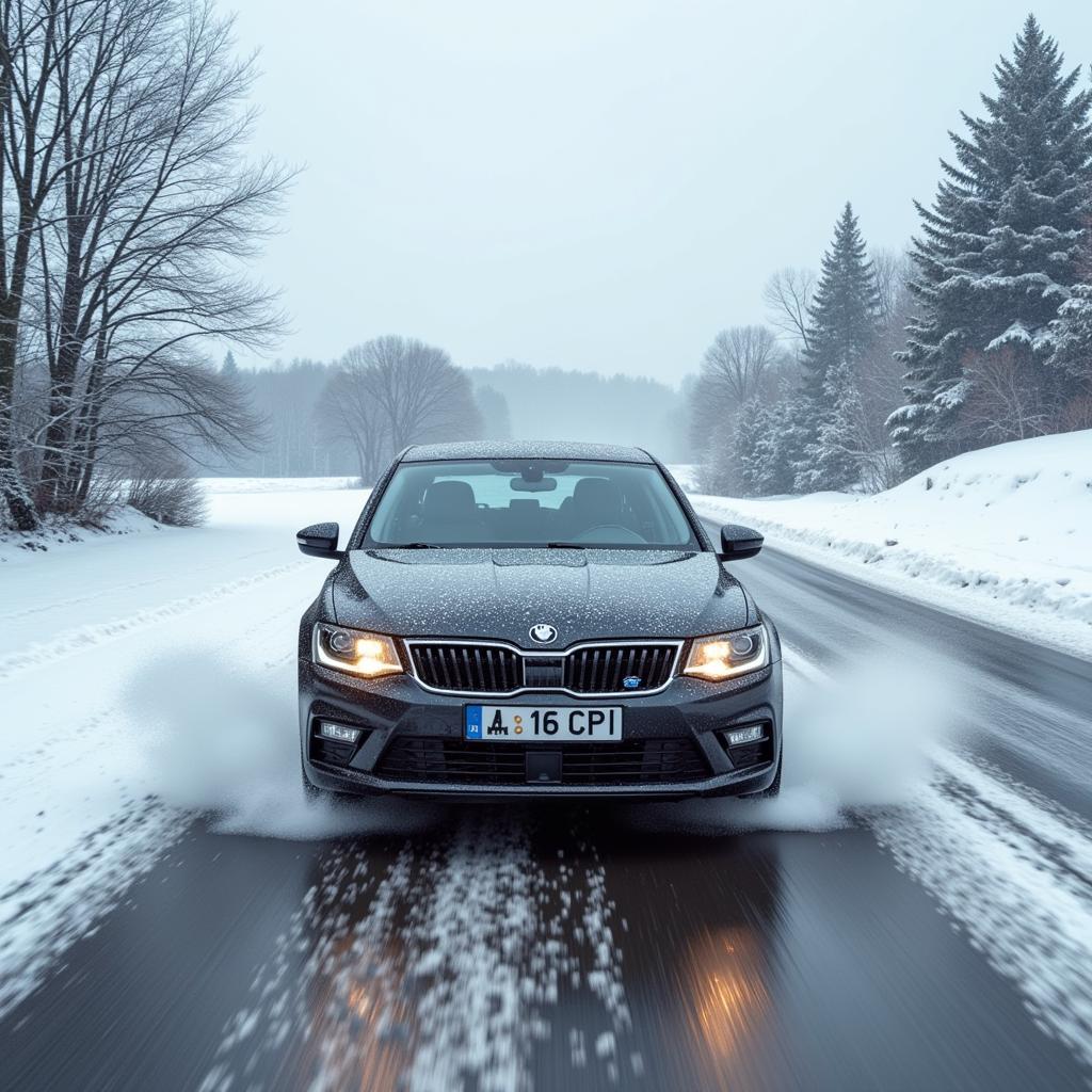 Car losing control and skidding on a wet road