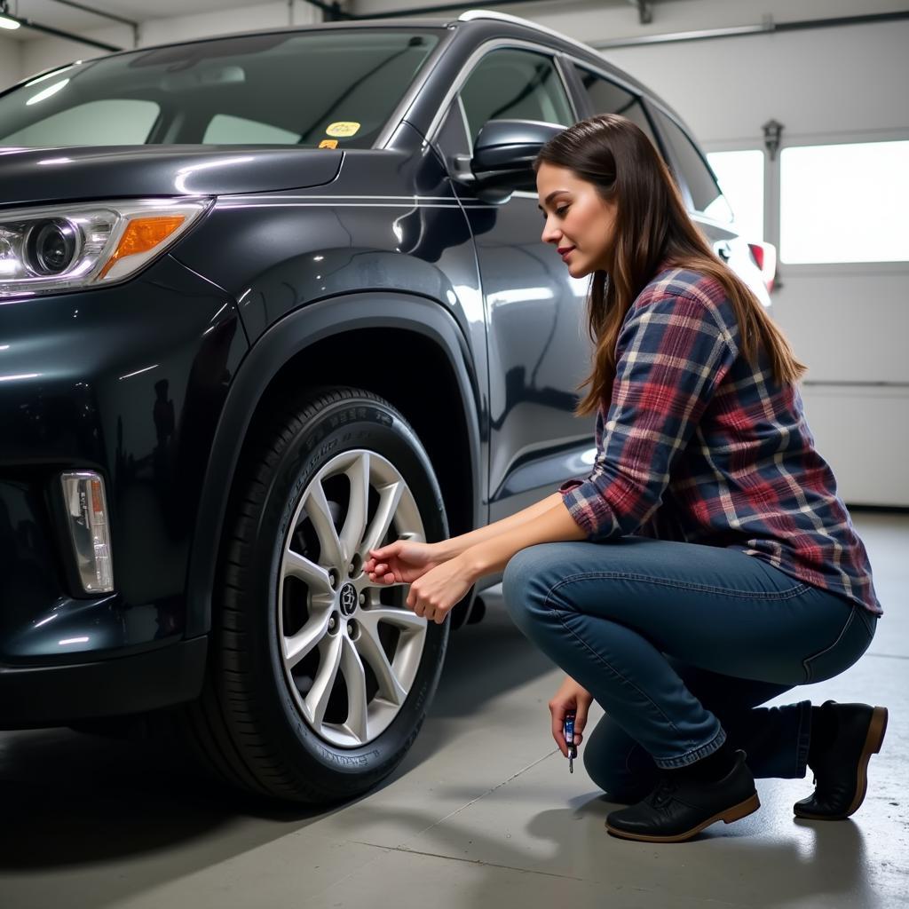  Car owner using a tire pressure gauge to check tire pressure.