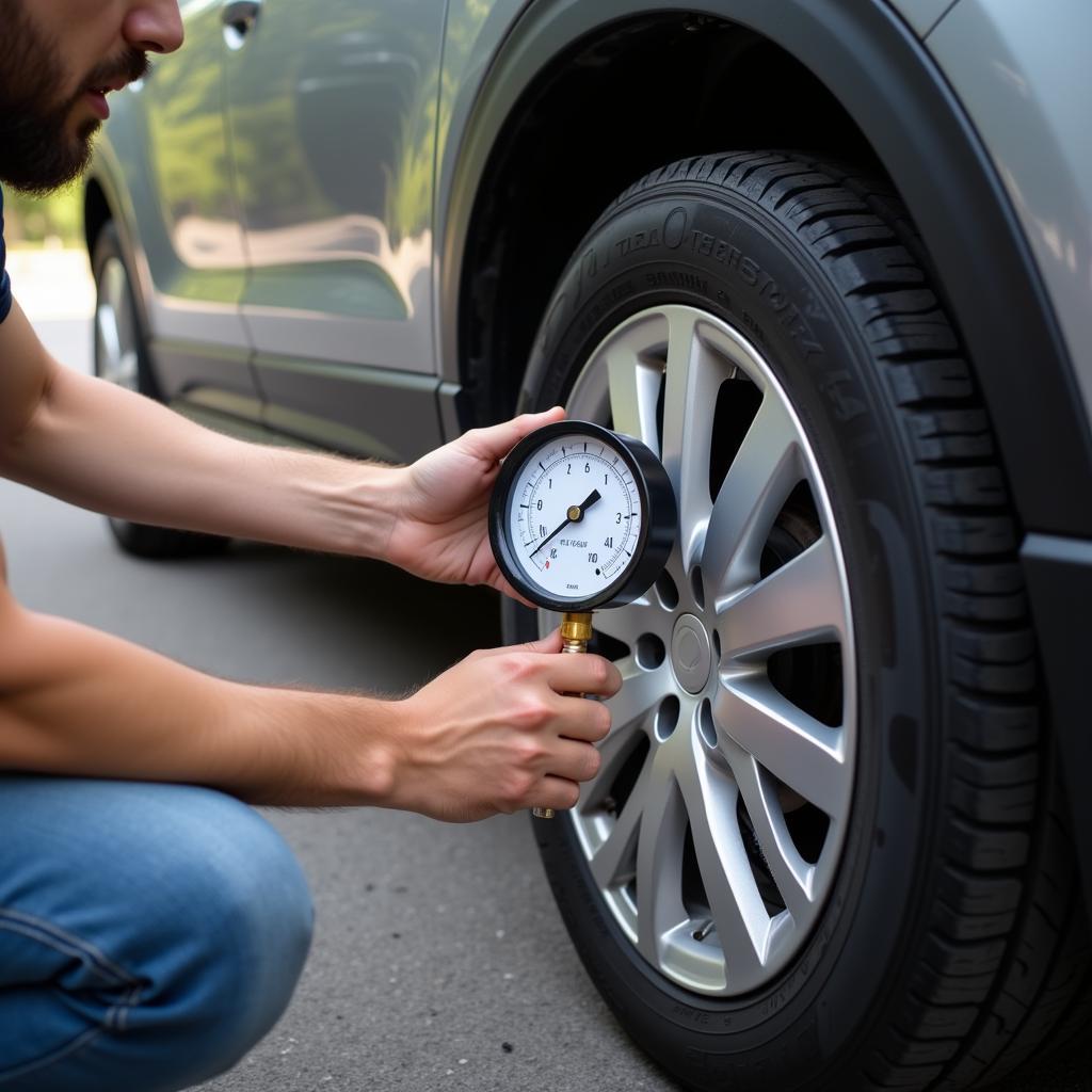 Checking Car Tire Pressure with Gauge