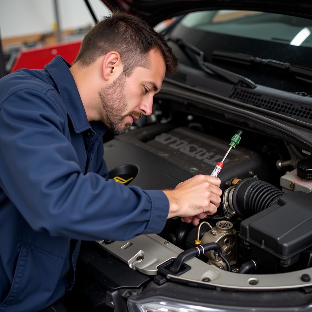 mechanic inspecting car transmission