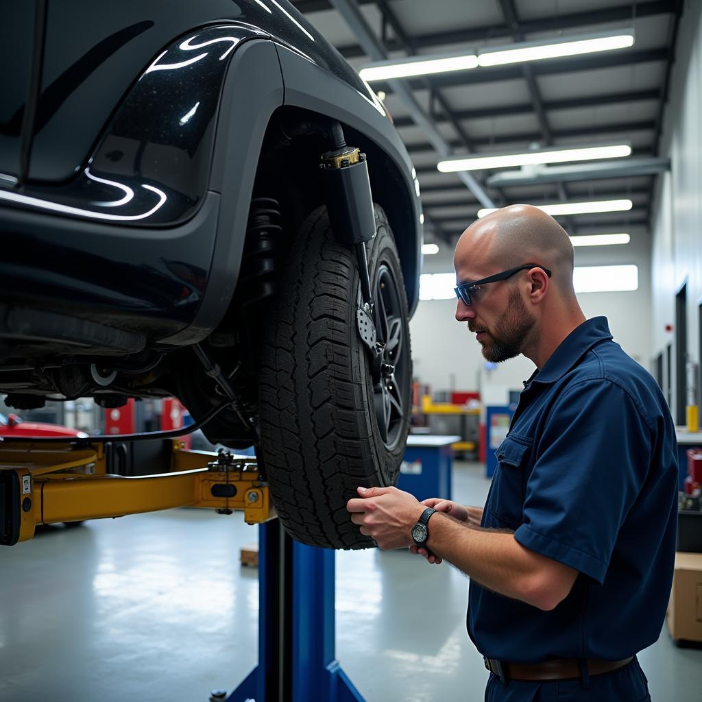 Car on a lift during an MOT test