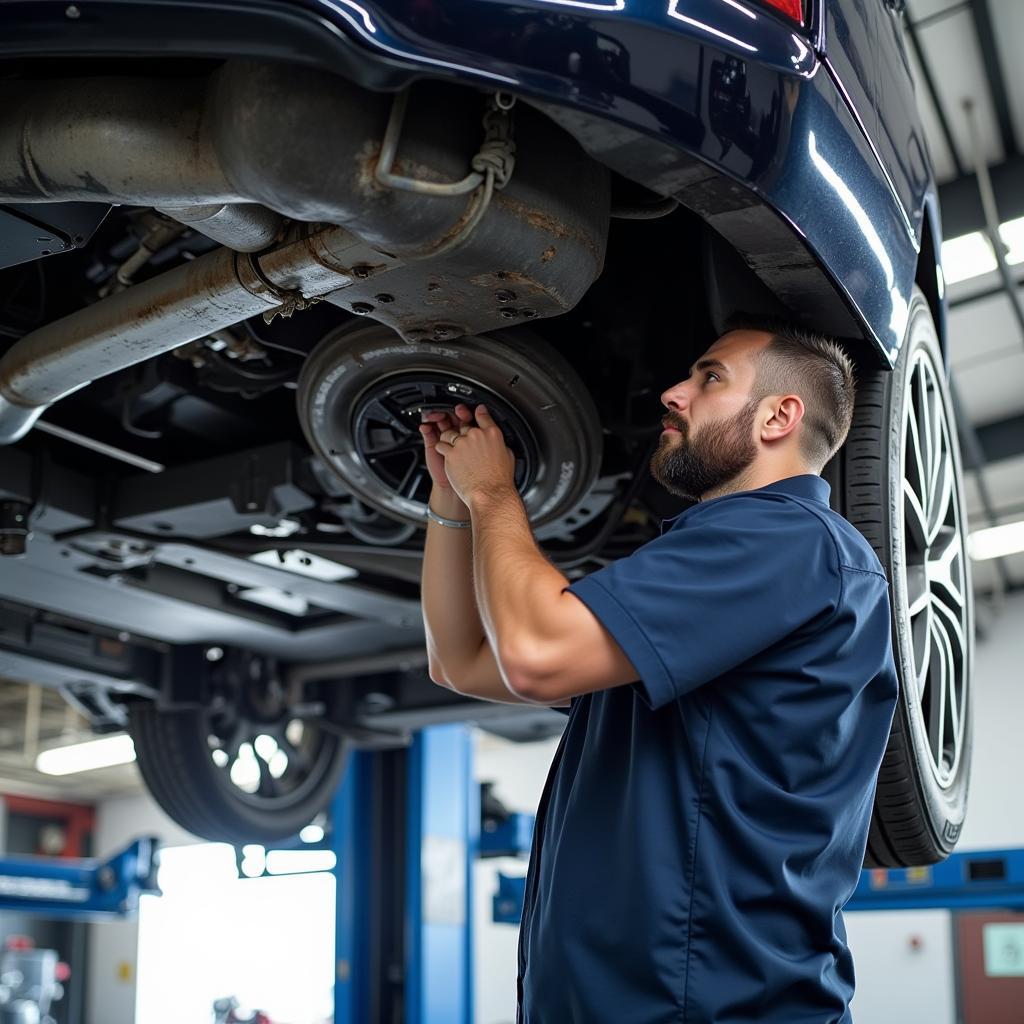 Car Undergoing Routine Maintenance in a Service Bay