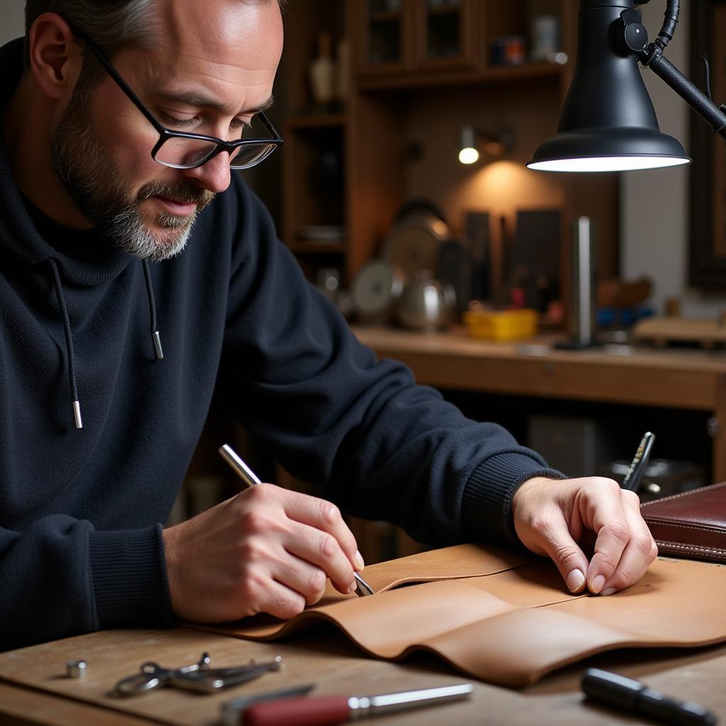 Skilled car upholstery craftsman meticulously hand-stitching leather for a bespoke car interior