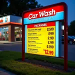 A sign displaying different car wash packages and prices