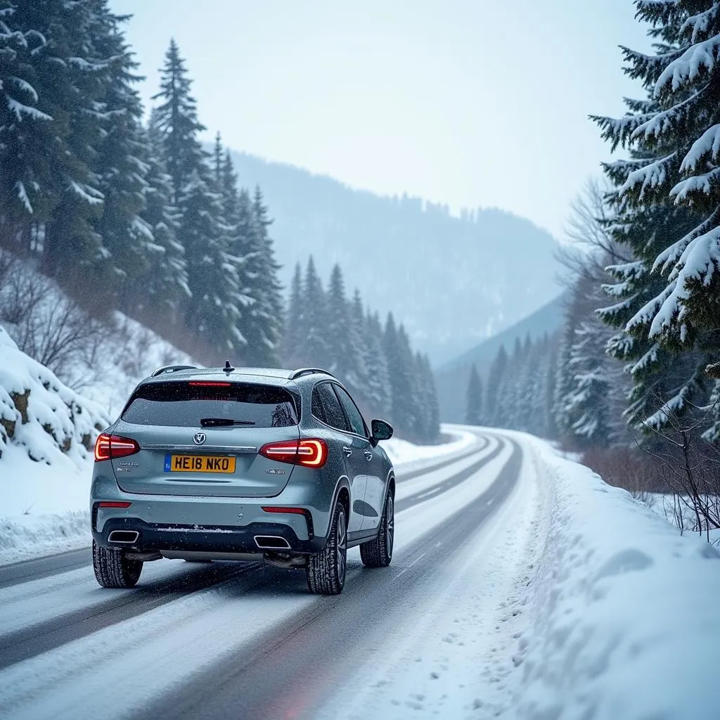 Car Driving on Snowy Mountain Road