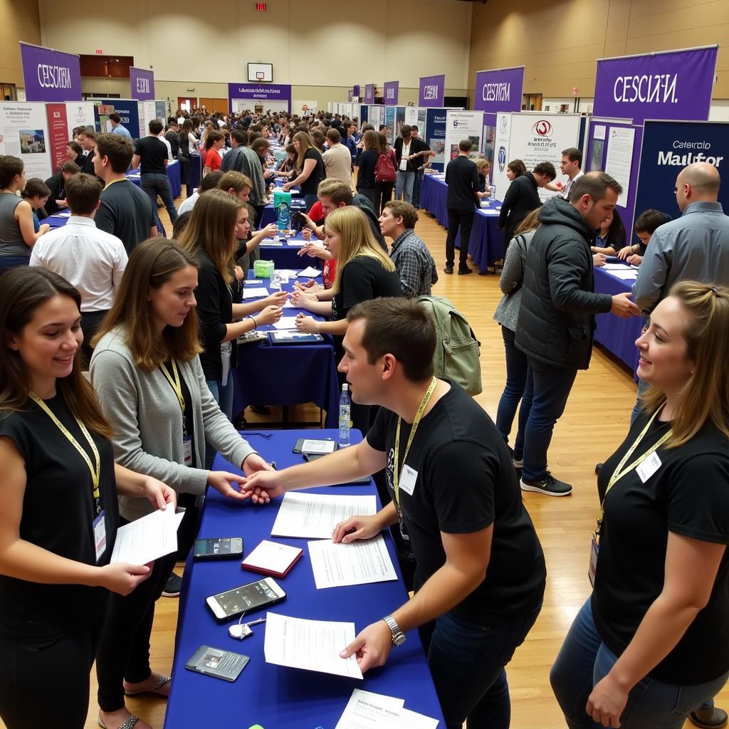 Attendees at a career fair engaging with potential employers