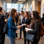 Students interacting with recruiters at a career fair