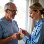 Caregiver assisting elderly man with medication