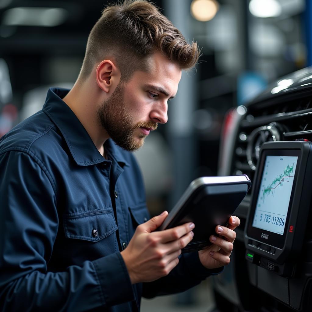 Certified auto car tech specialist using a diagnostic tool