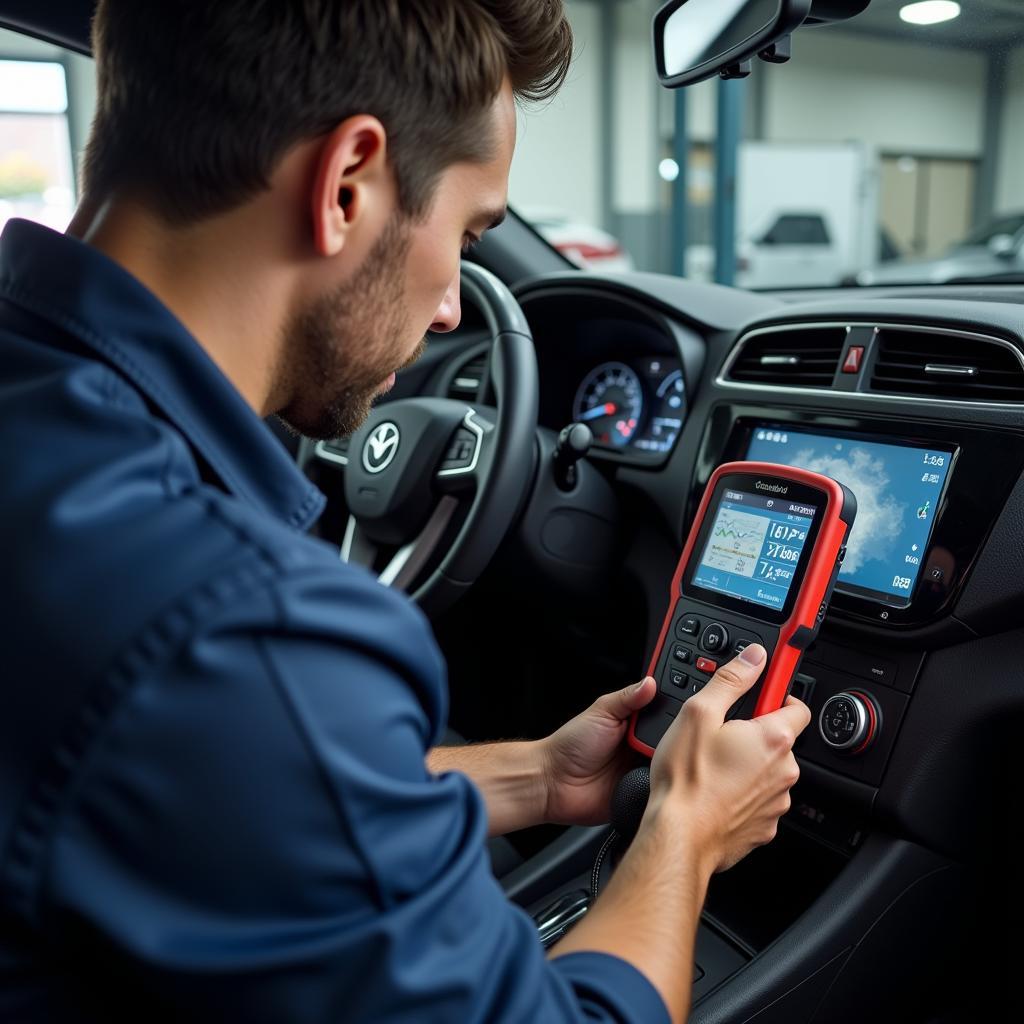 Certified Car Mechanic Using Diagnostic Tool