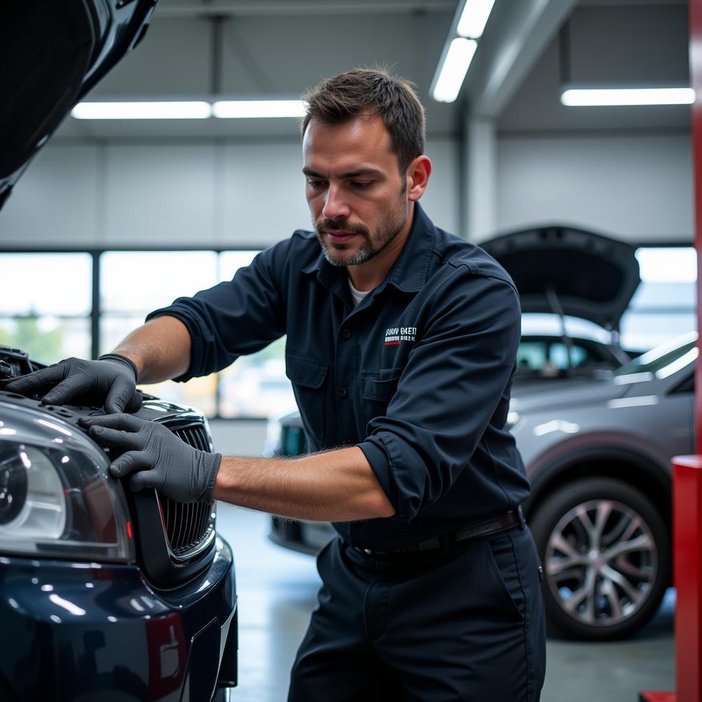 Certified Car Mechanic Working on Vehicle in Modern Repair Shop